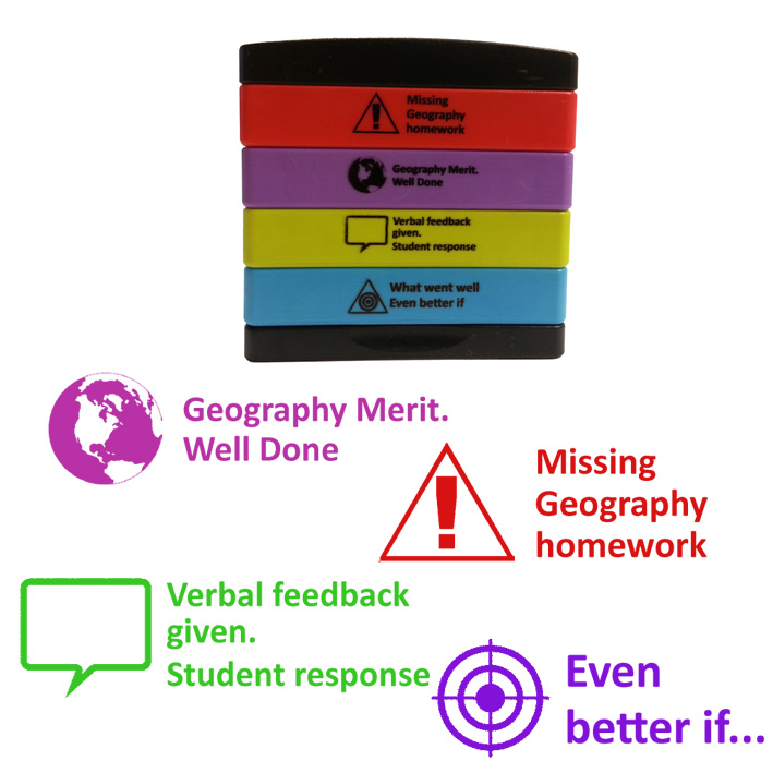 Teacher Stamps | 4-in-1 Feedback Marking Stamp - Missing geography homework, Geography Merit, Verbal feedback given, Student response, What went well / Even better if