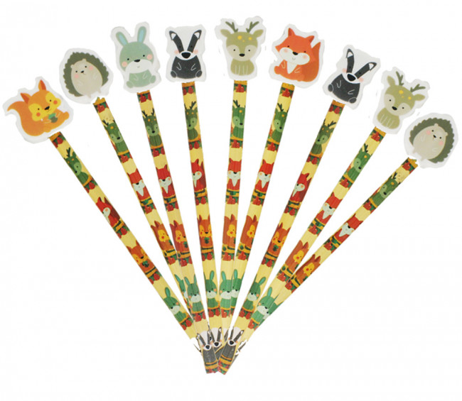 The Piggy Story Fox & Woodland Animals Set of 4 Pencils with Die-Cut Eraser Toppers